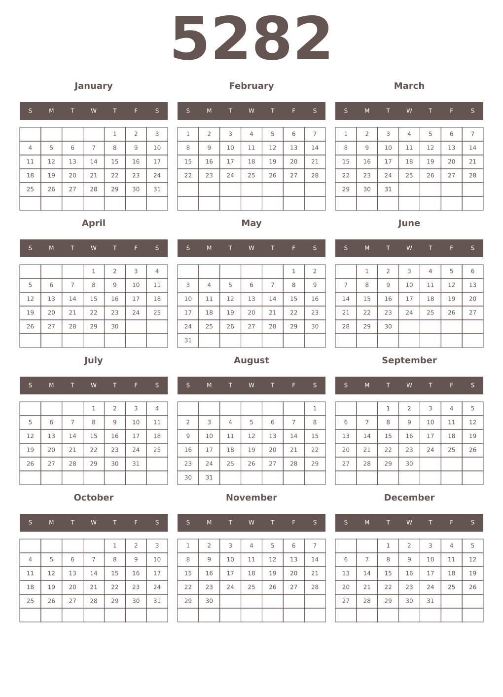 Printable 5282 Year Calendars wenge