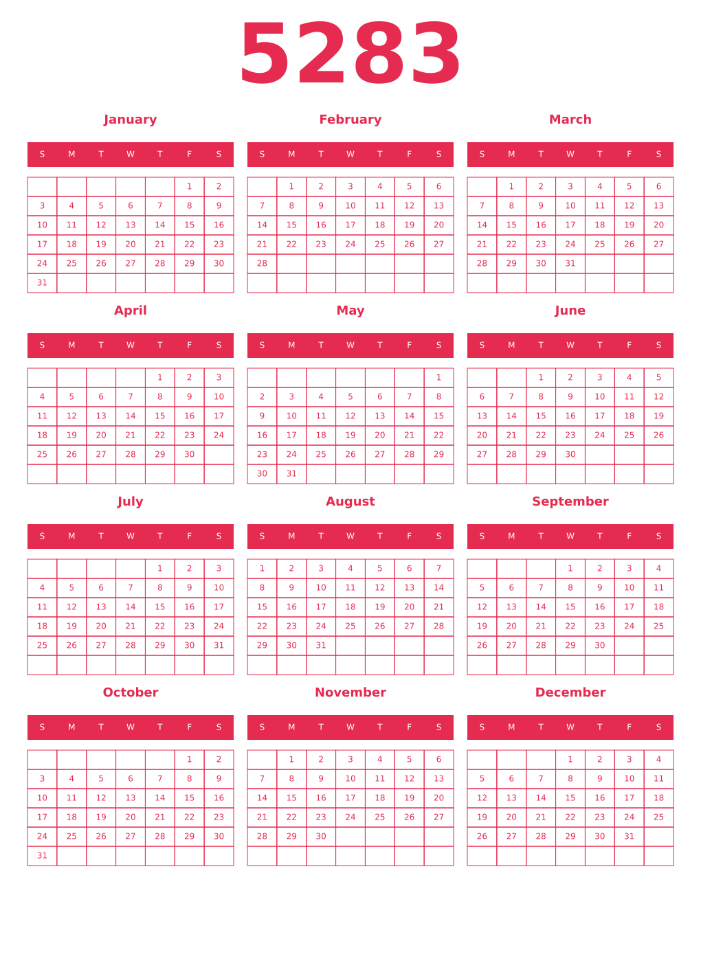 Printable 5283 Year Calendars amaranth