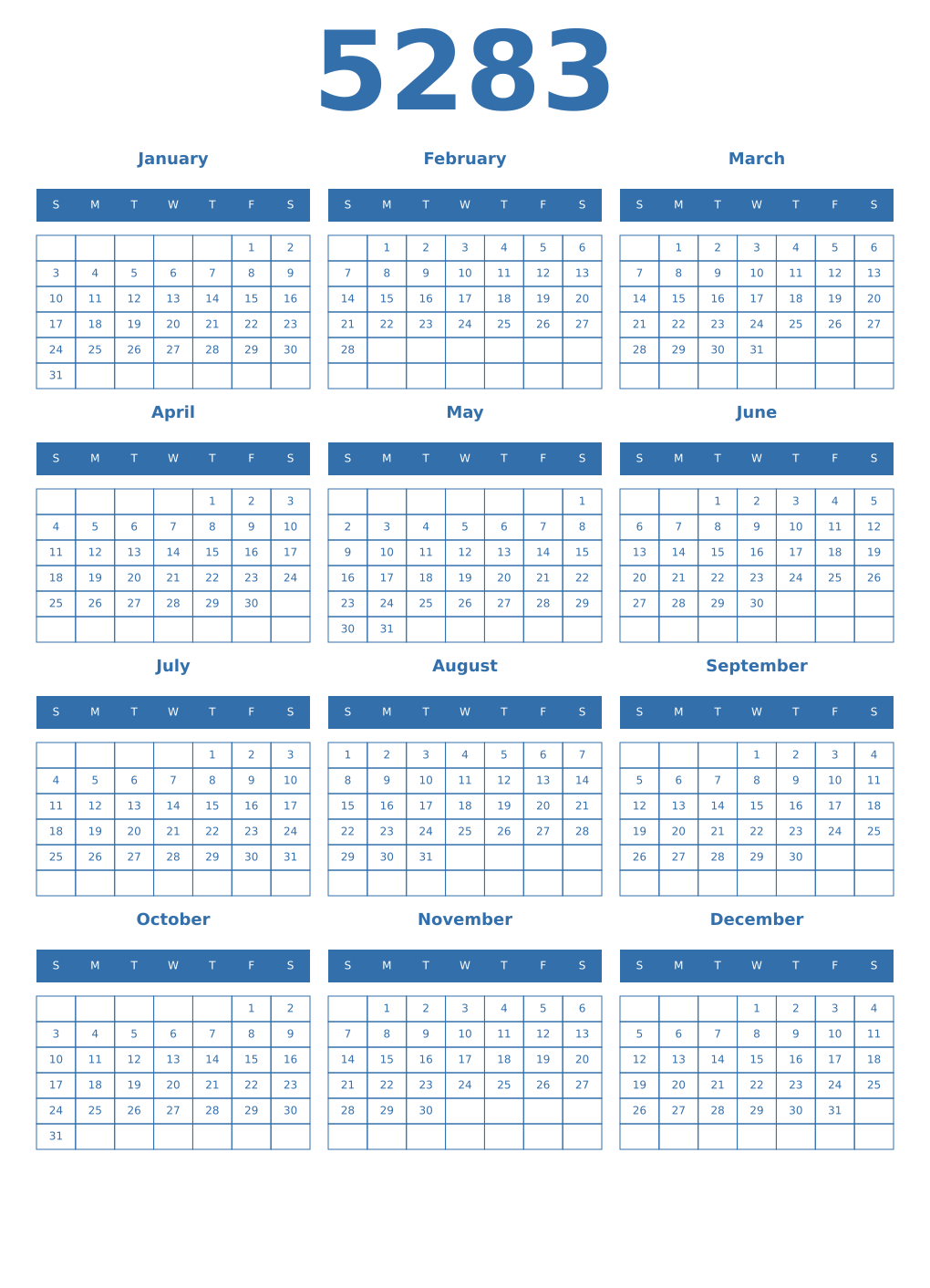 Printable 5283 Year Calendars blue