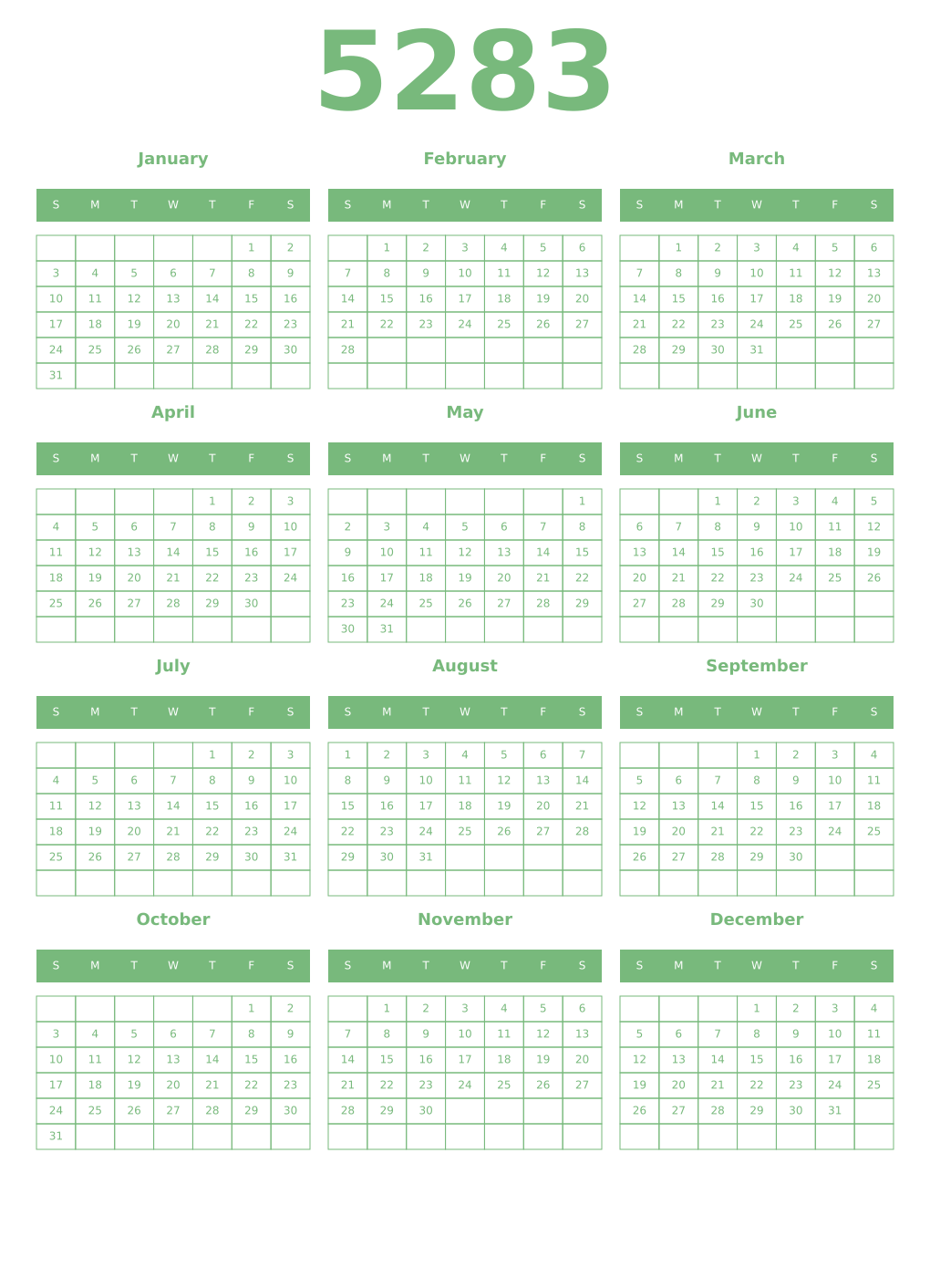 Printable 5283 Year Calendars celadon