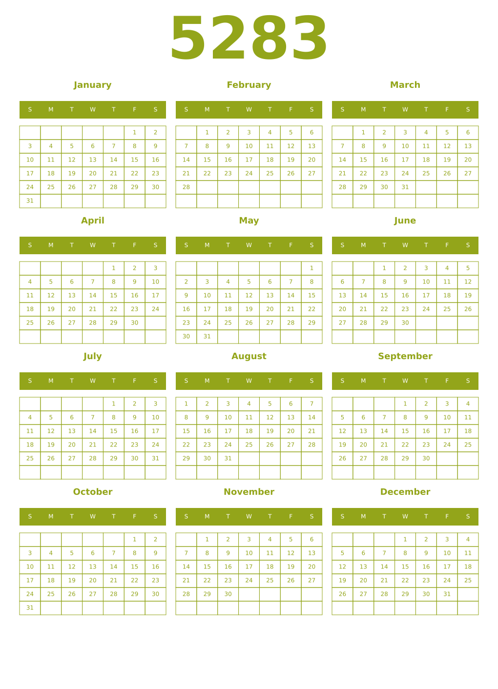 Printable 5283 Year Calendars chartreuse