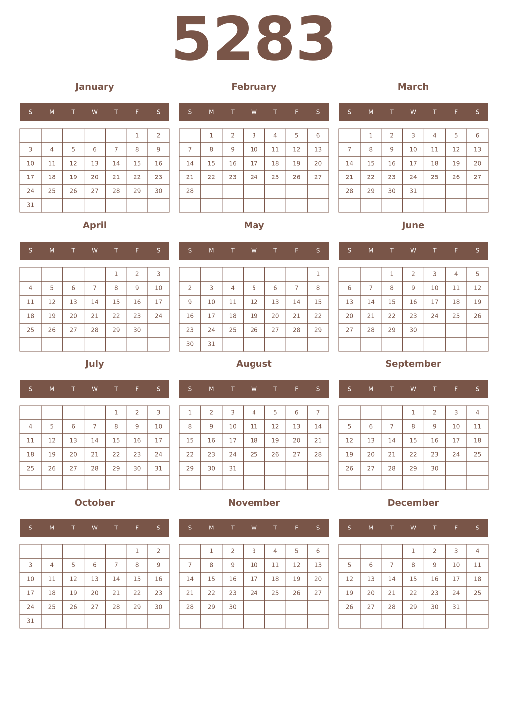Printable 5283 Year Calendars coffe