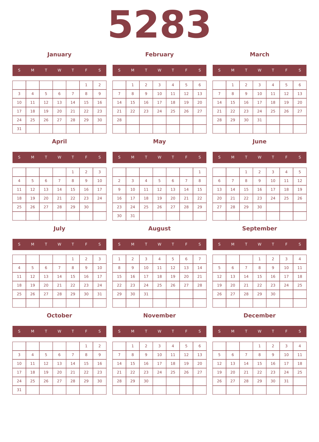 Printable 5283 Year Calendars cordovan