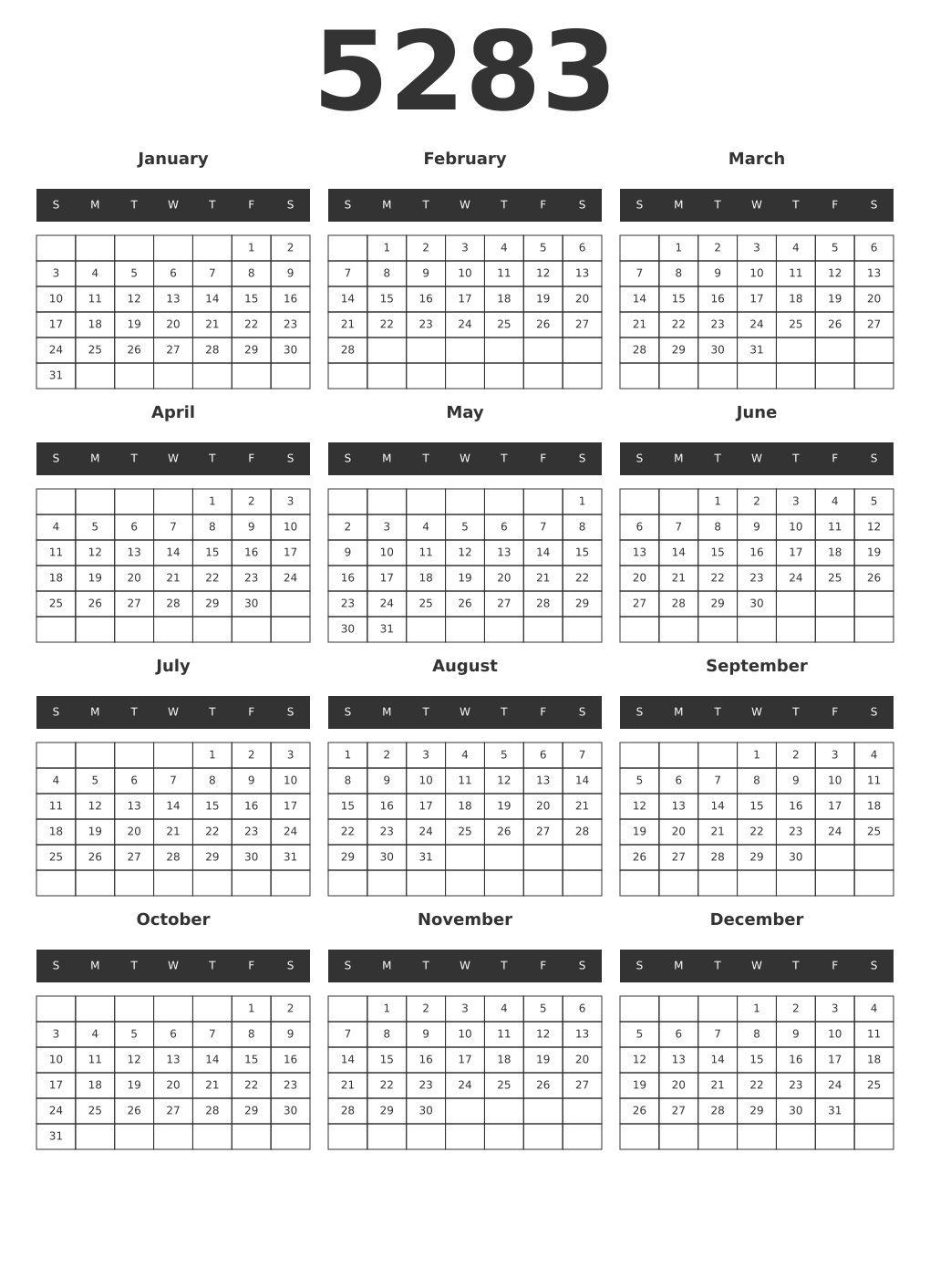 Printable 5283 Year Calendars dark