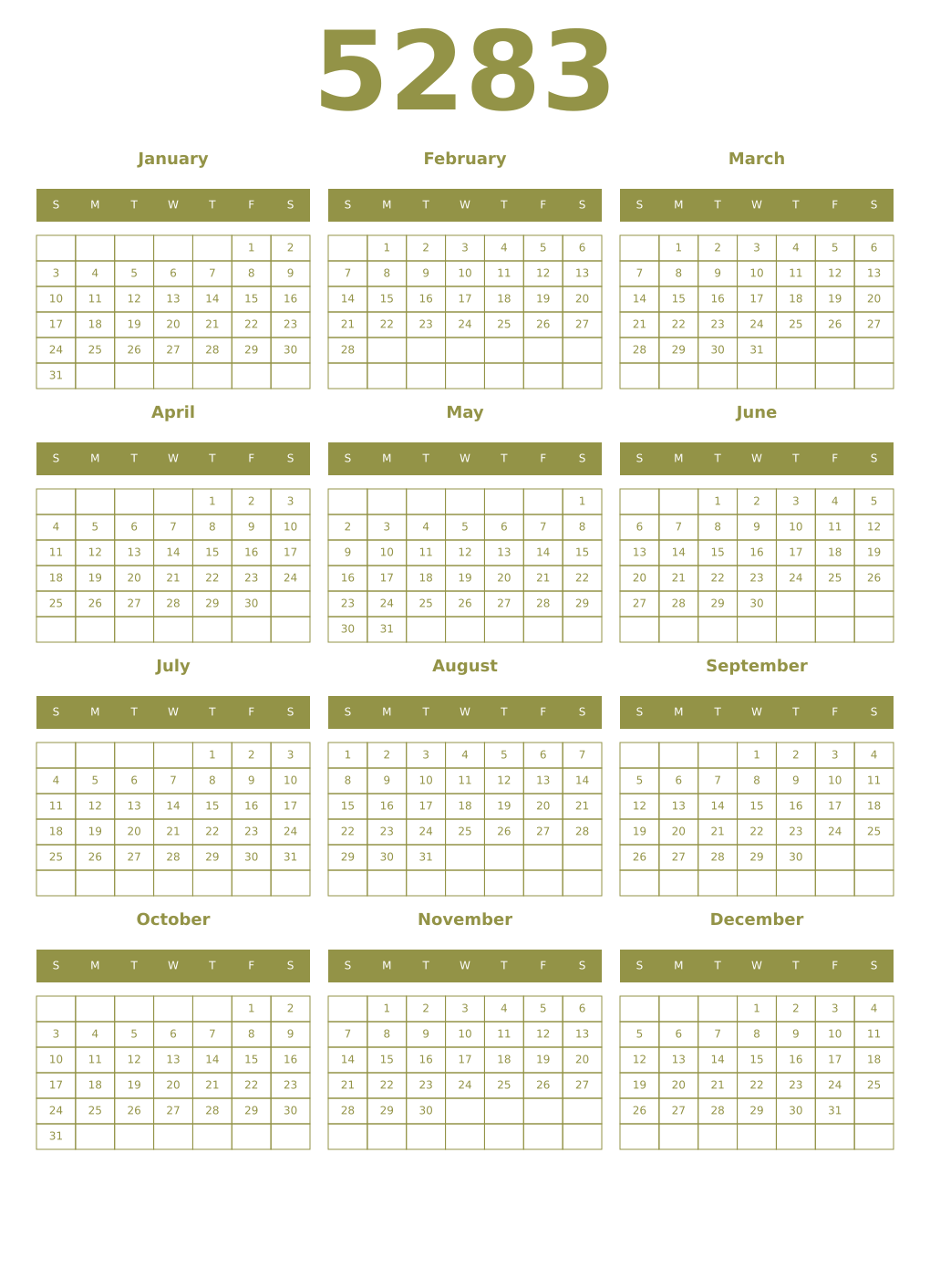 Printable 5283 Year Calendars eburnean