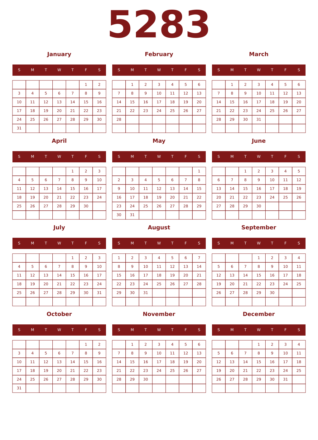 Printable 5283 Year Calendars falu