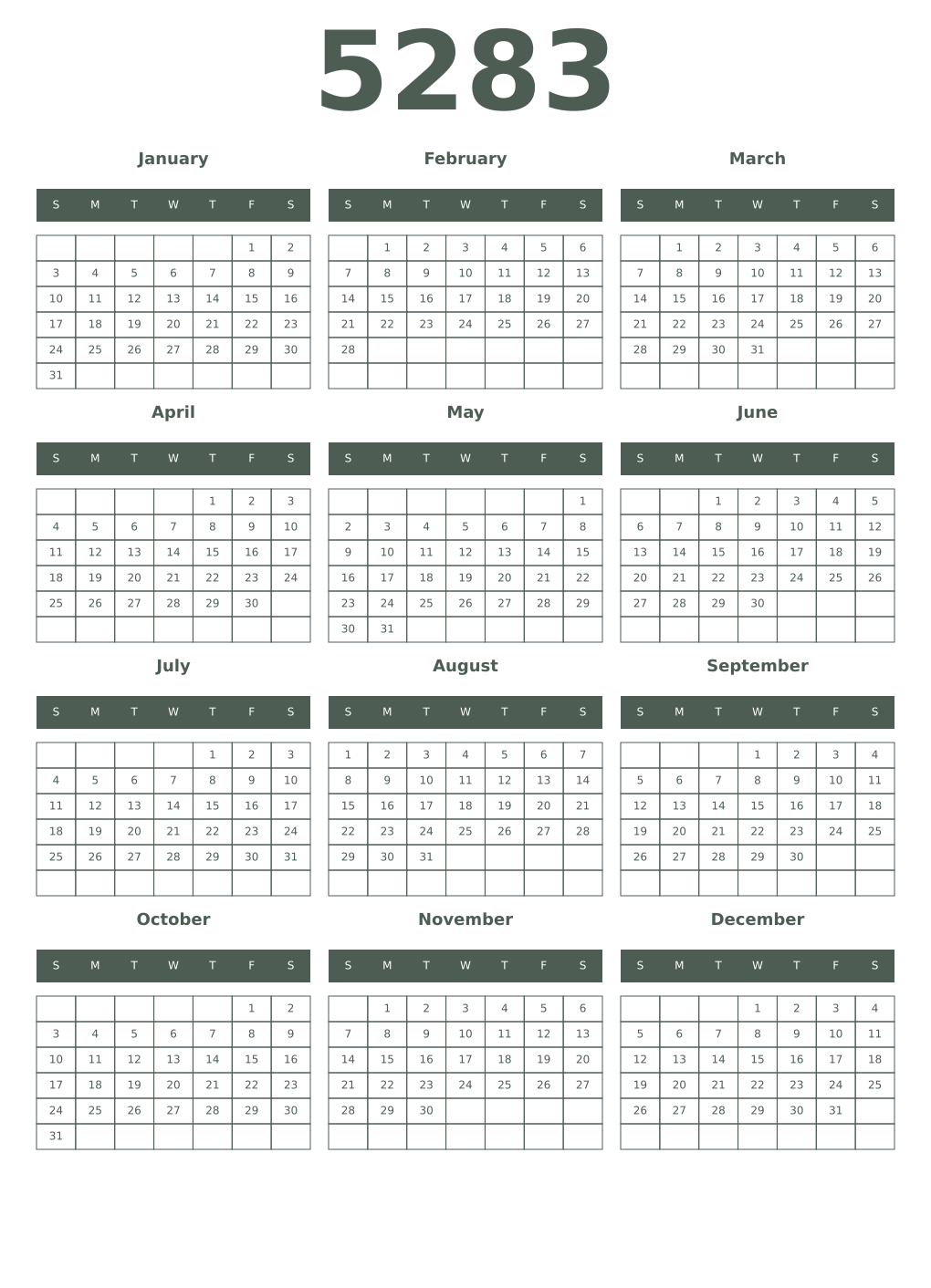 Printable 5283 Year Calendars feldgrau