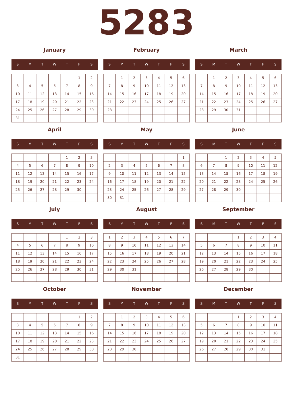 Printable 5283 Year Calendars mortuum
