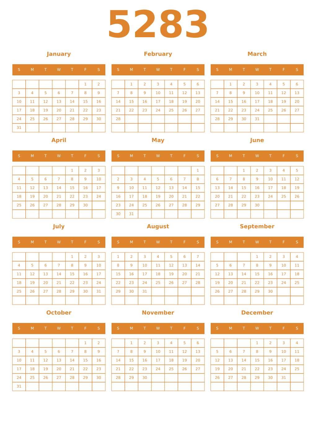Printable 5283 Year Calendars orange