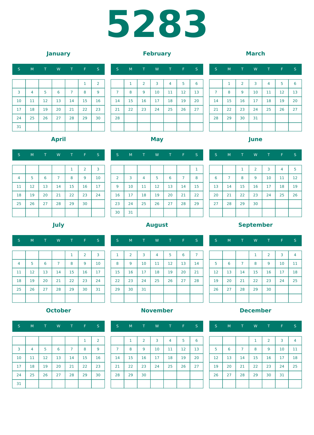 Printable 5283 Year Calendars pastel