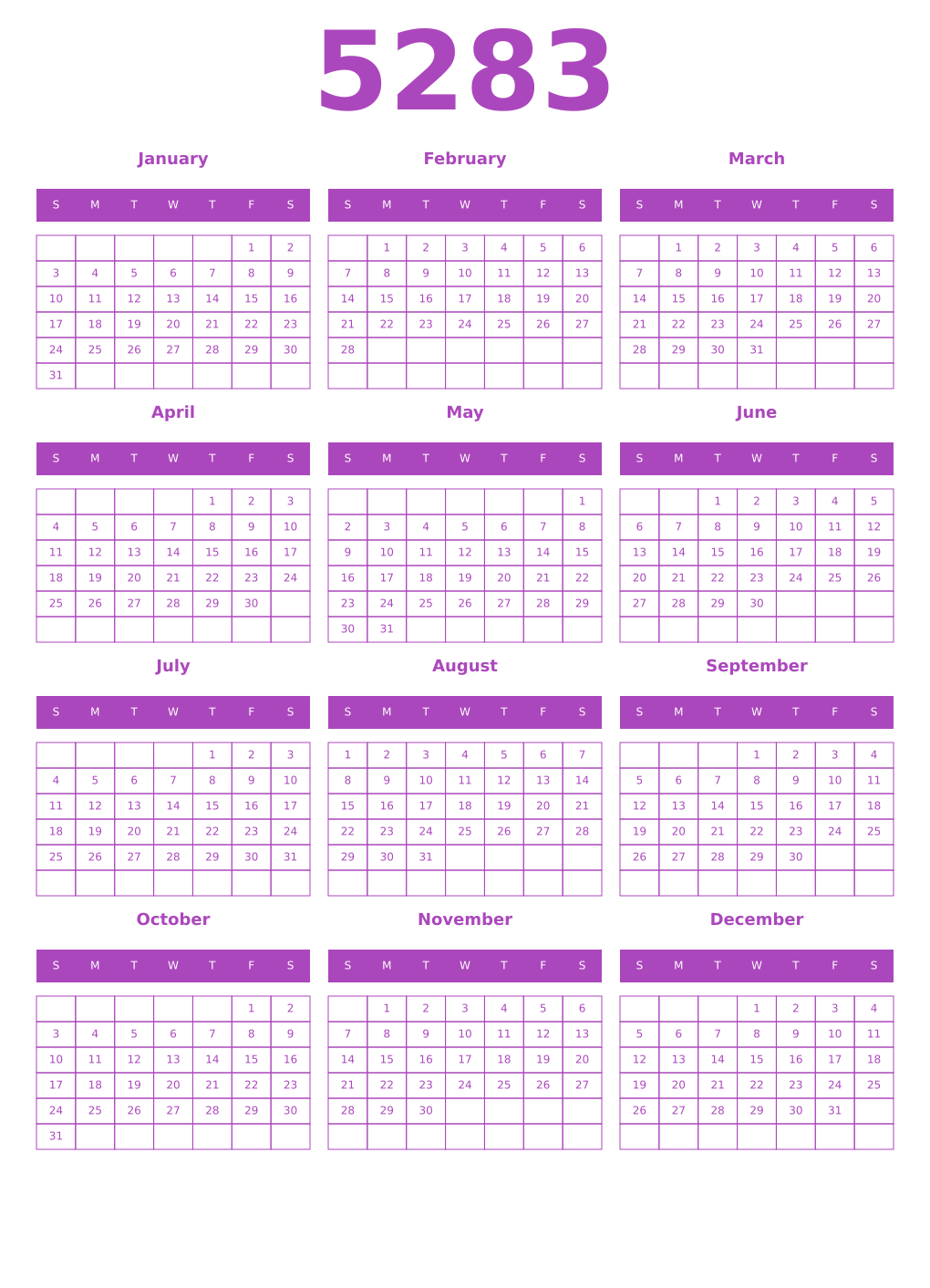 Printable 5283 Year Calendars purple