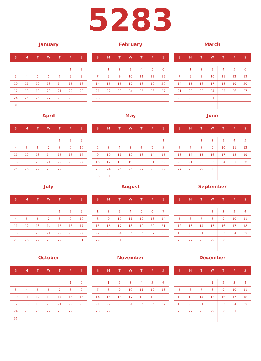Printable 5283 Year Calendars red