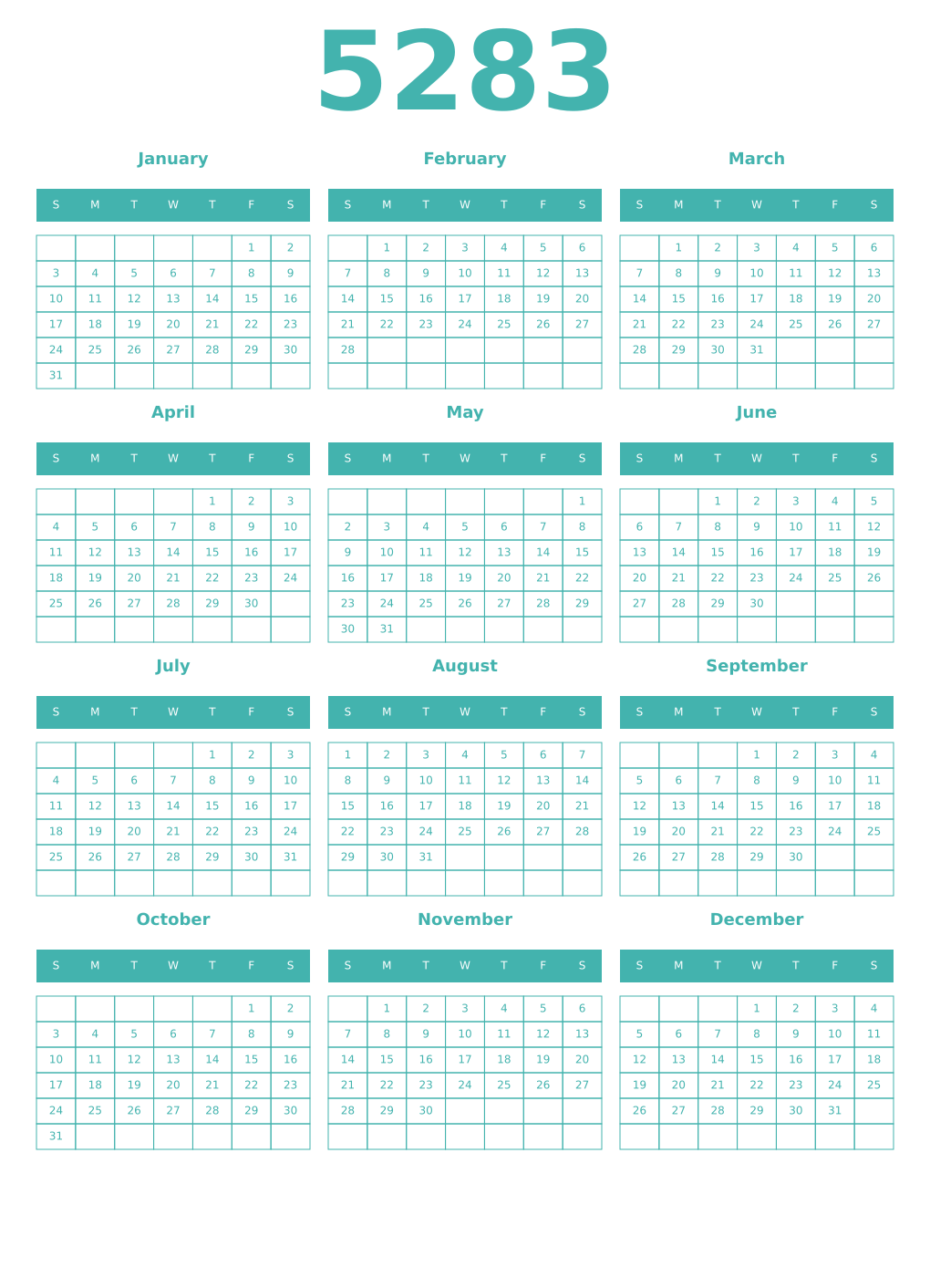 Printable 5283 Year Calendars verdigris