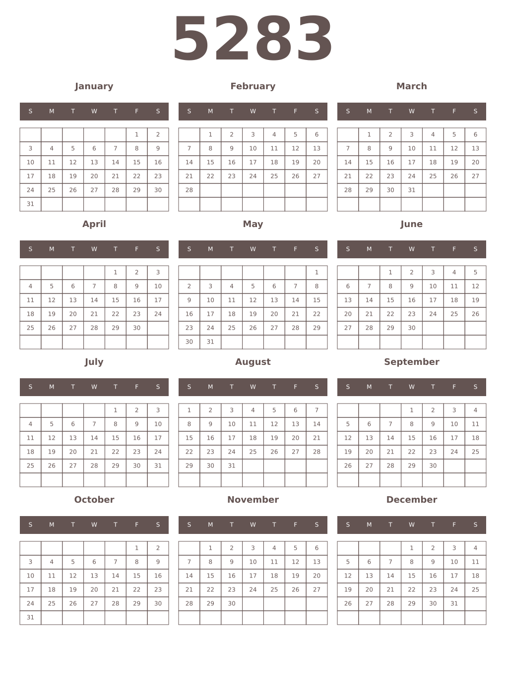 Printable 5283 Year Calendars wenge