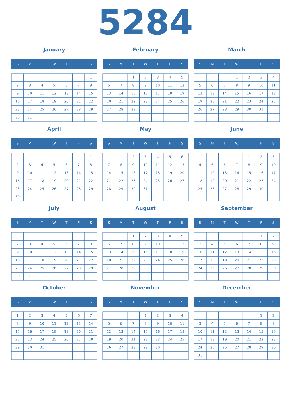 Printable 5284 Year Calendars blue