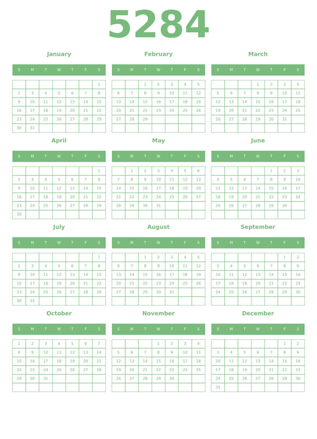 Printable 5284 Year Calendars celadon