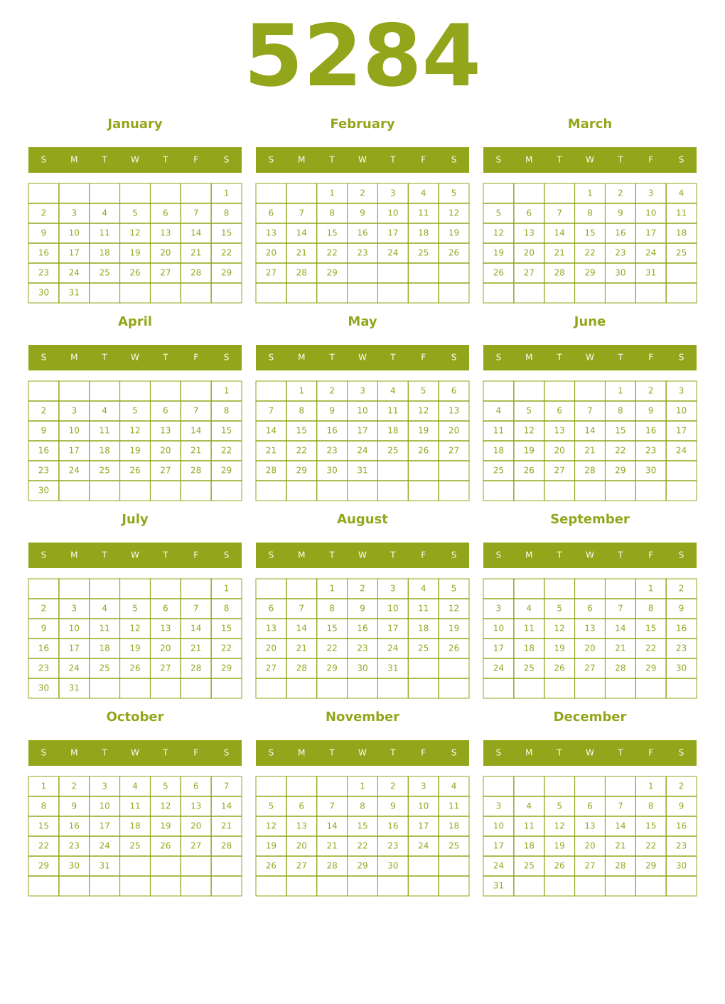 Printable 5284 Year Calendars chartreuse