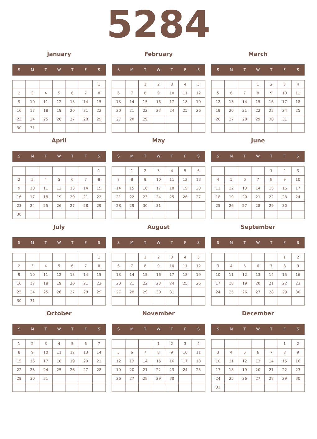 Printable 5284 Year Calendars coffe
