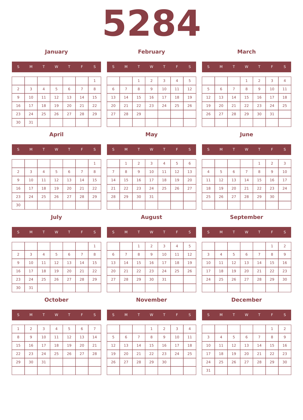 Printable 5284 Year Calendars cordovan