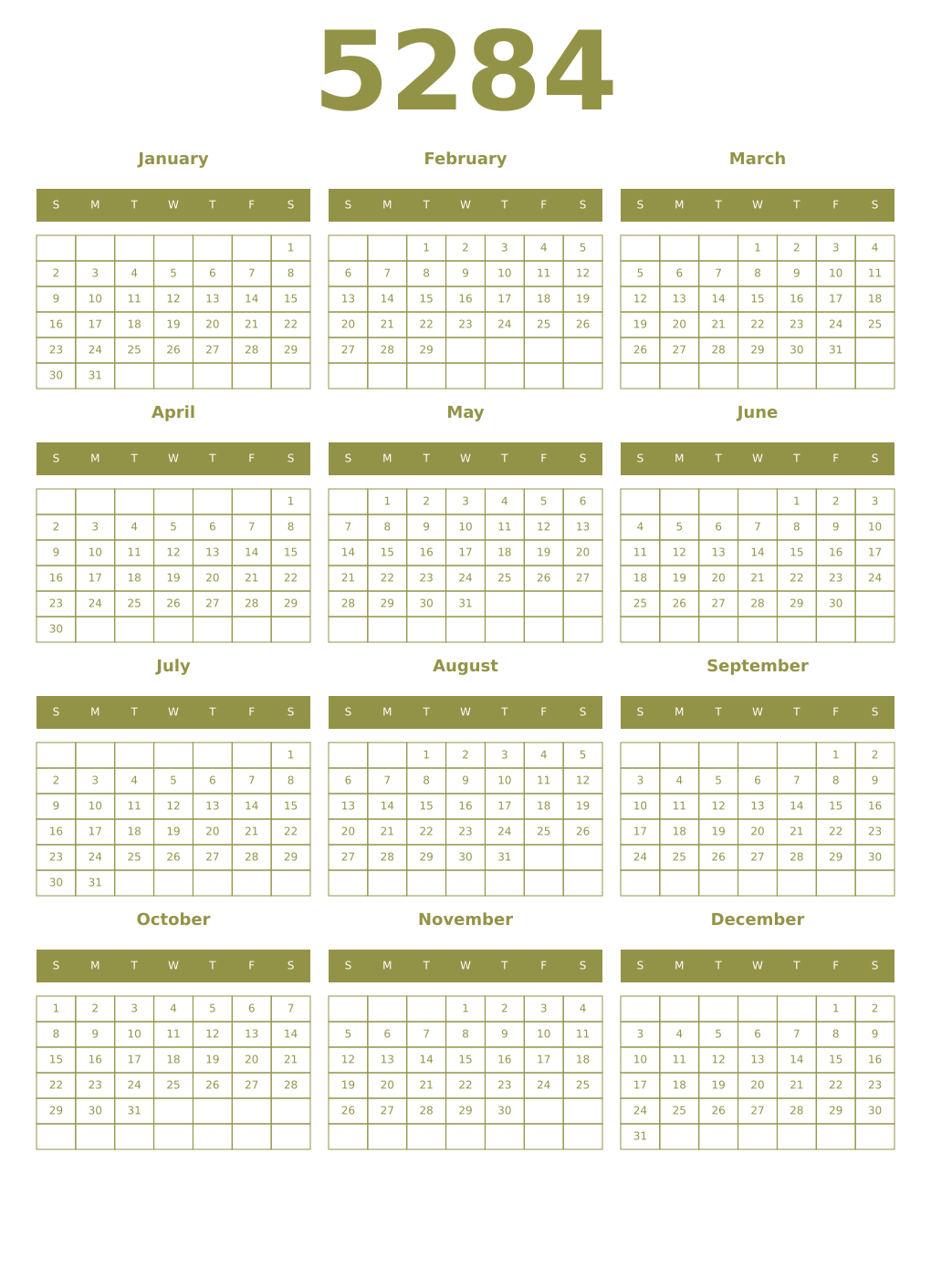 Printable 5284 Year Calendars eburnean