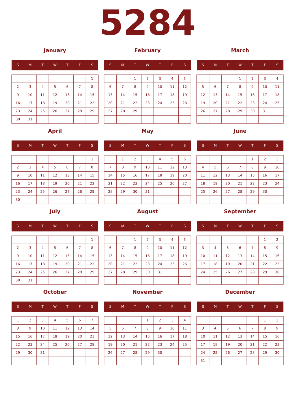 Printable 5284 Year Calendars falu