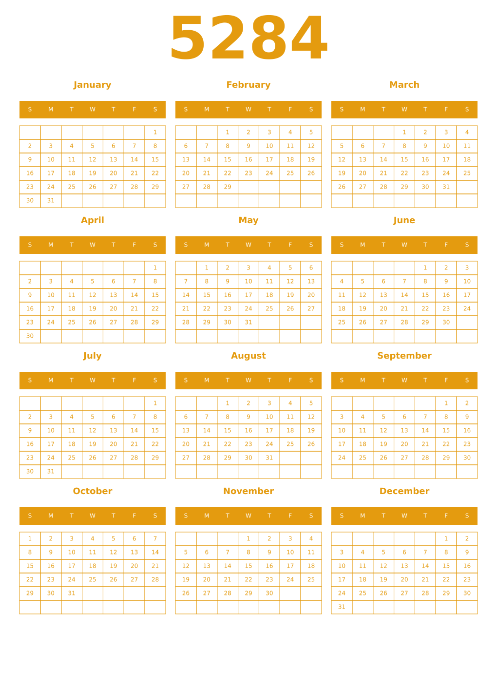 Printable 5284 Year Calendars gamboge