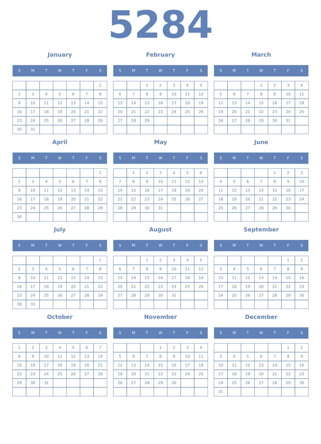 Printable 5284 Year Calendars glaucous
