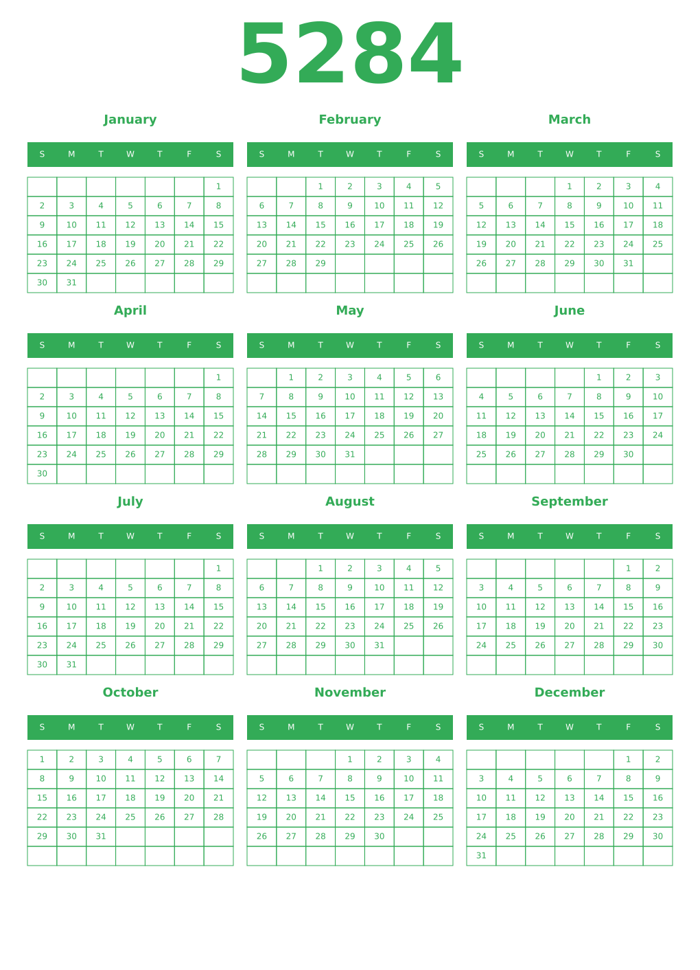 Printable 5284 Year Calendars green