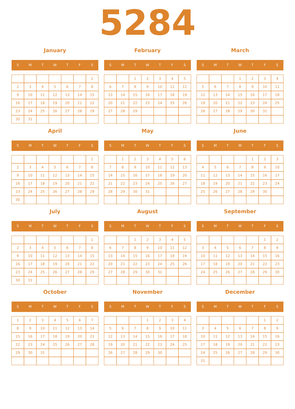 Printable 5284 Year Calendars orange