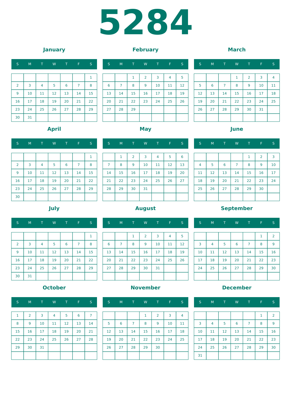 Printable 5284 Year Calendars pastel