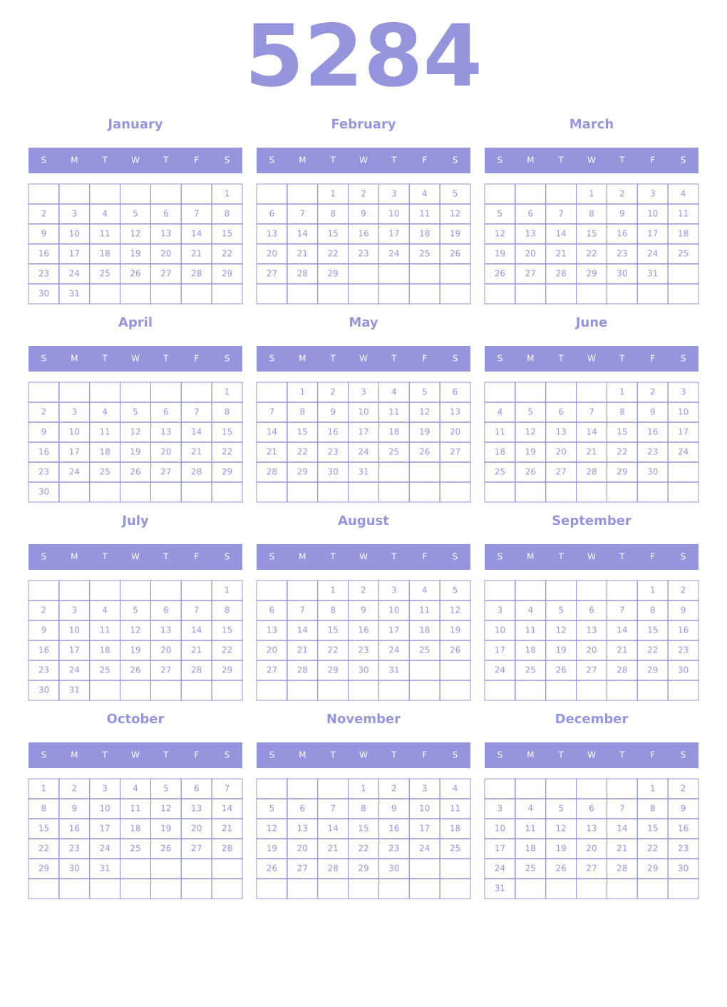 Printable 5284 Year Calendars periwinkle
