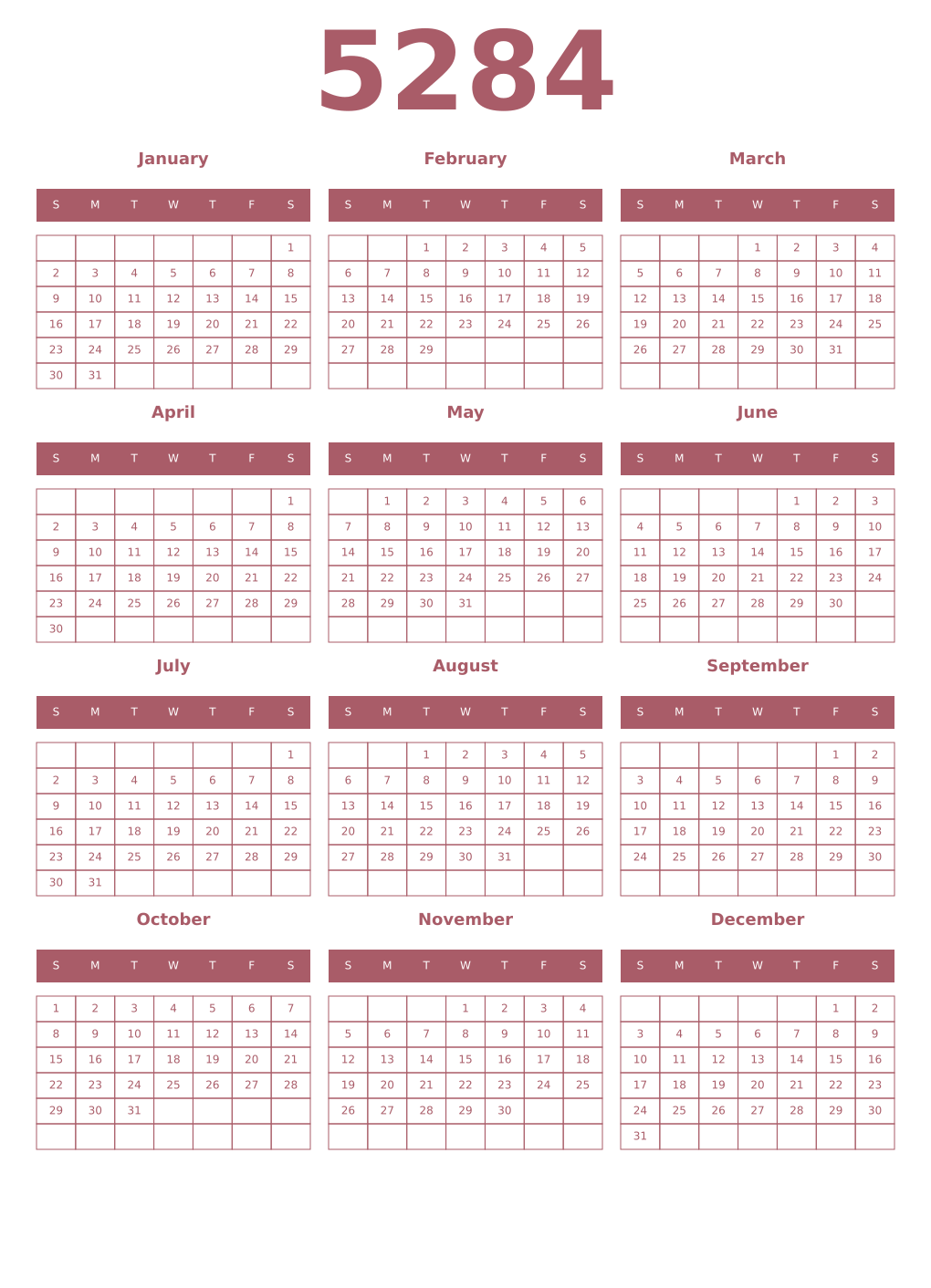 Printable 5284 Year Calendars puce