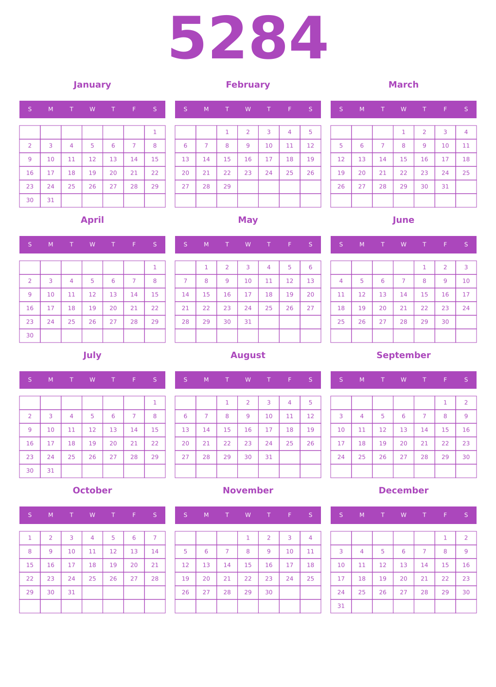 Printable 5284 Year Calendars purple