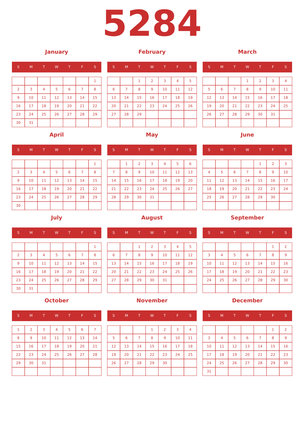 Printable 5284 Year Calendars red