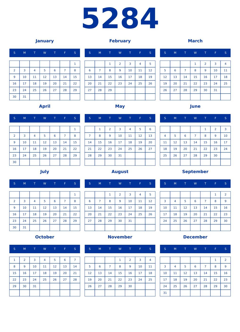 Printable 5284 Year Calendars smalt