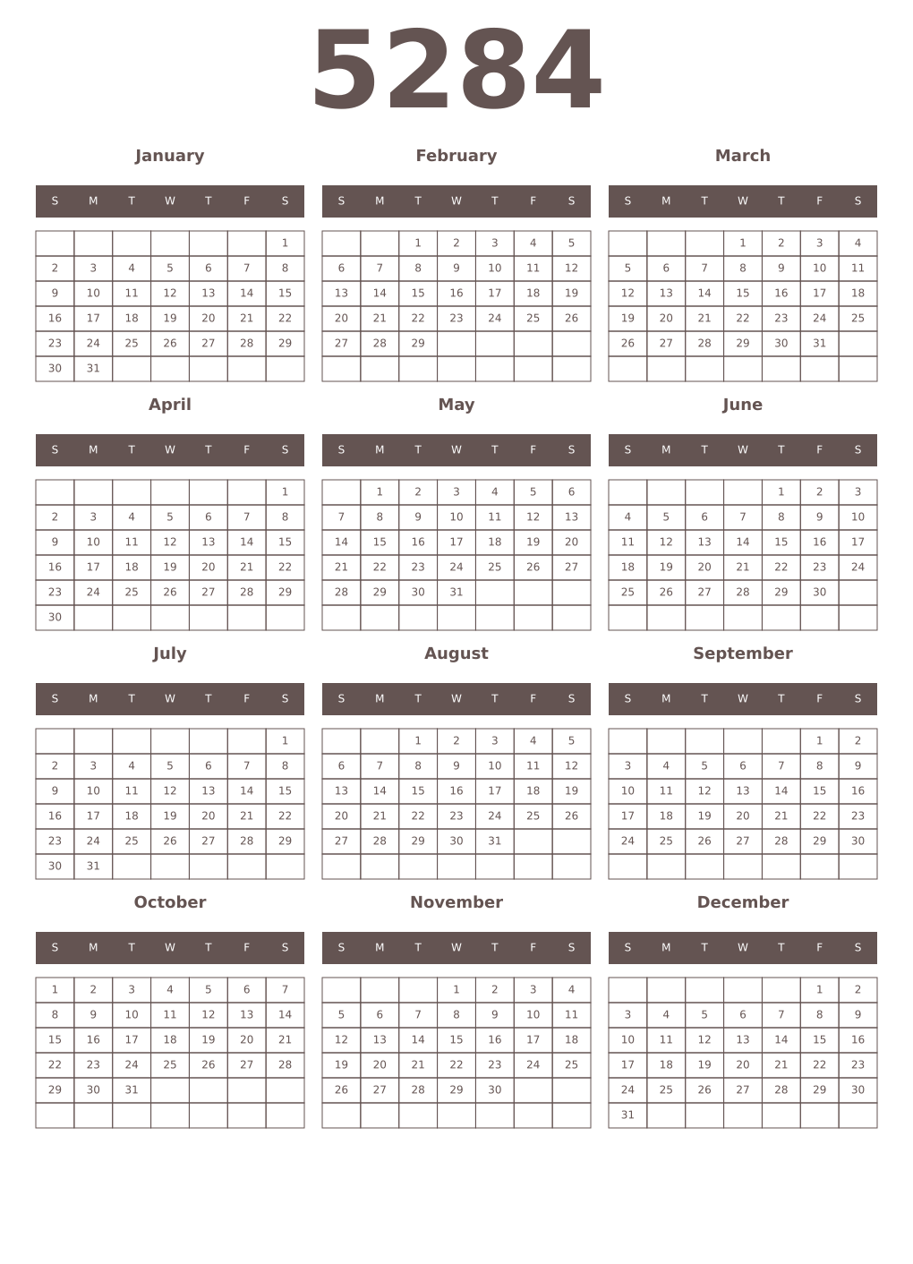 Printable 5284 Year Calendars wenge
