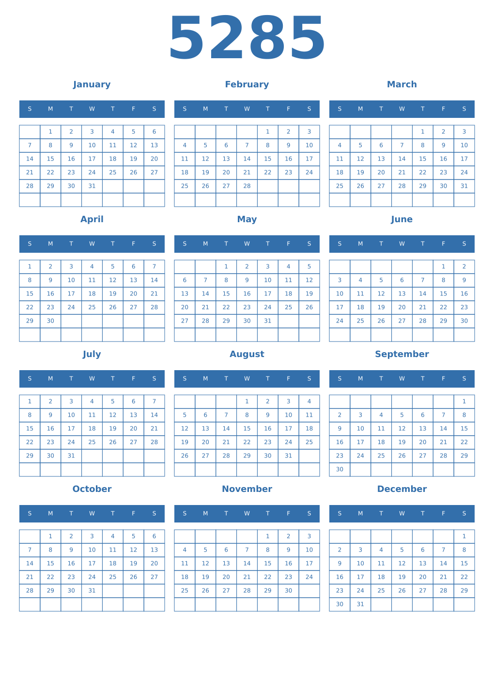 Printable 5285 Year Calendars blue