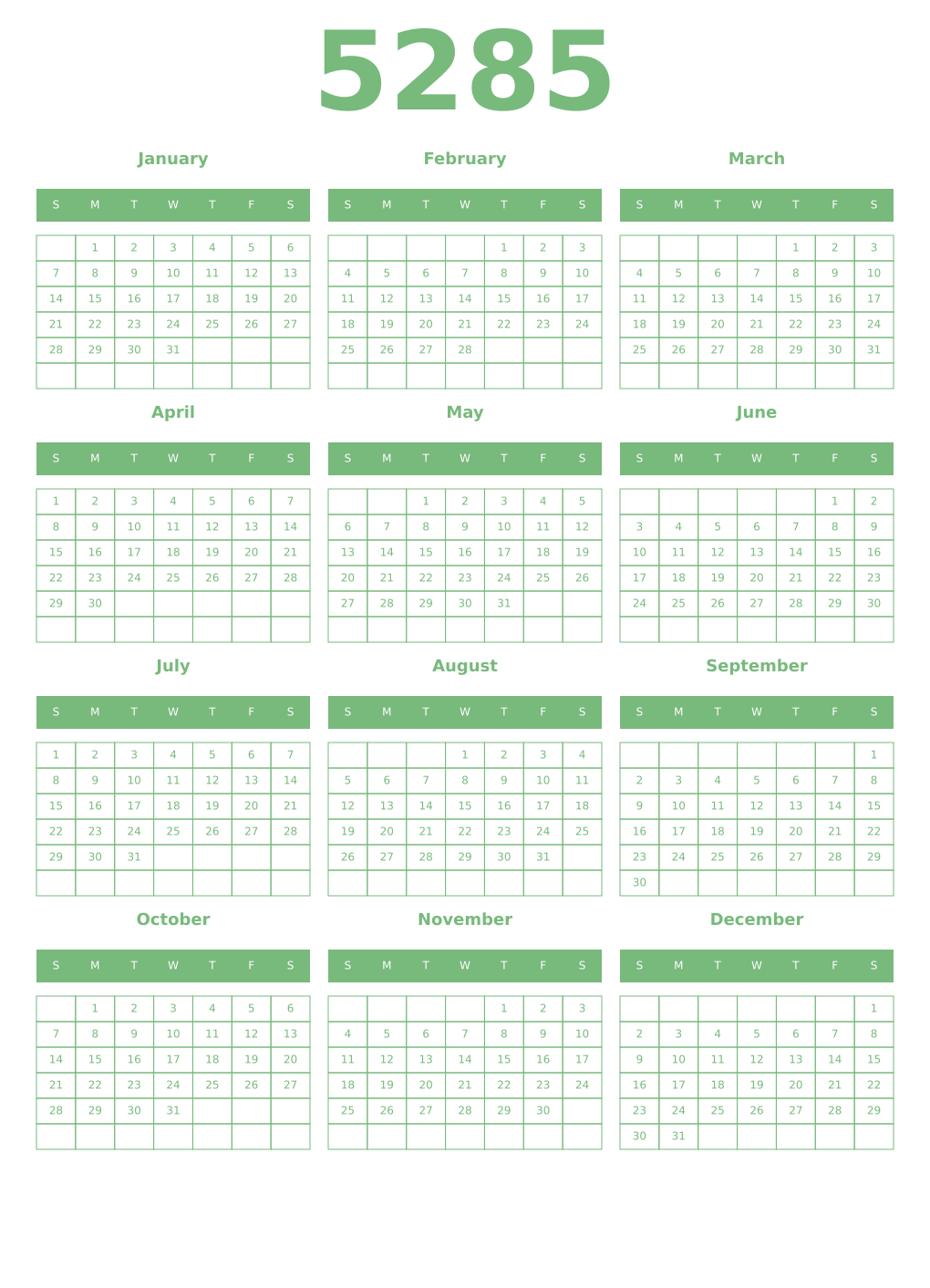 Printable 5285 Year Calendars celadon