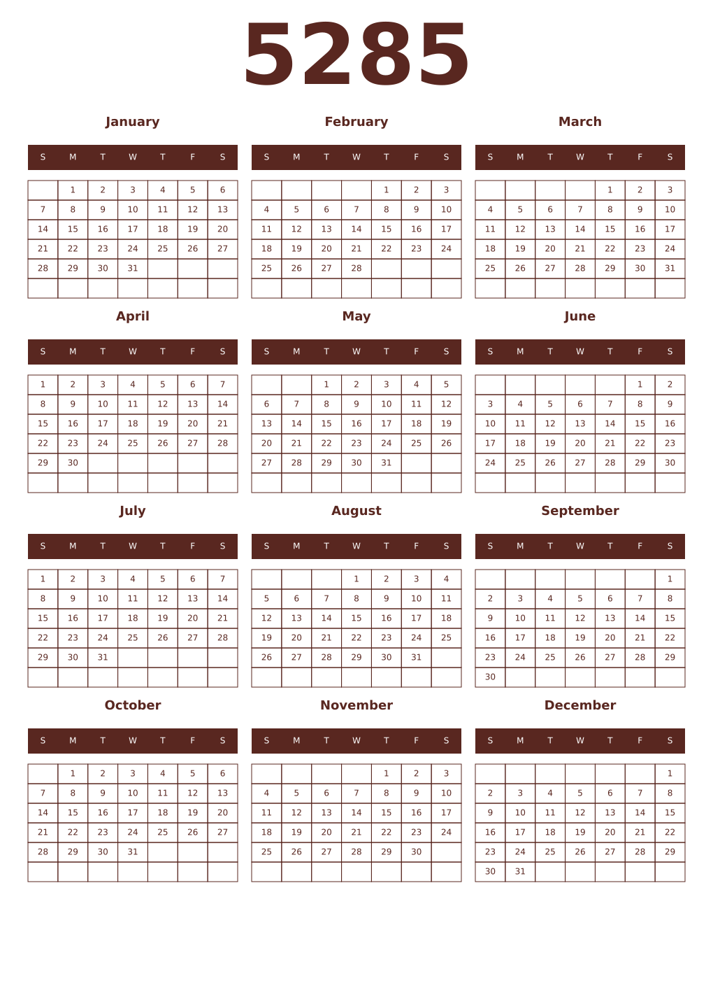 Printable 5285 Year Calendars mortuum