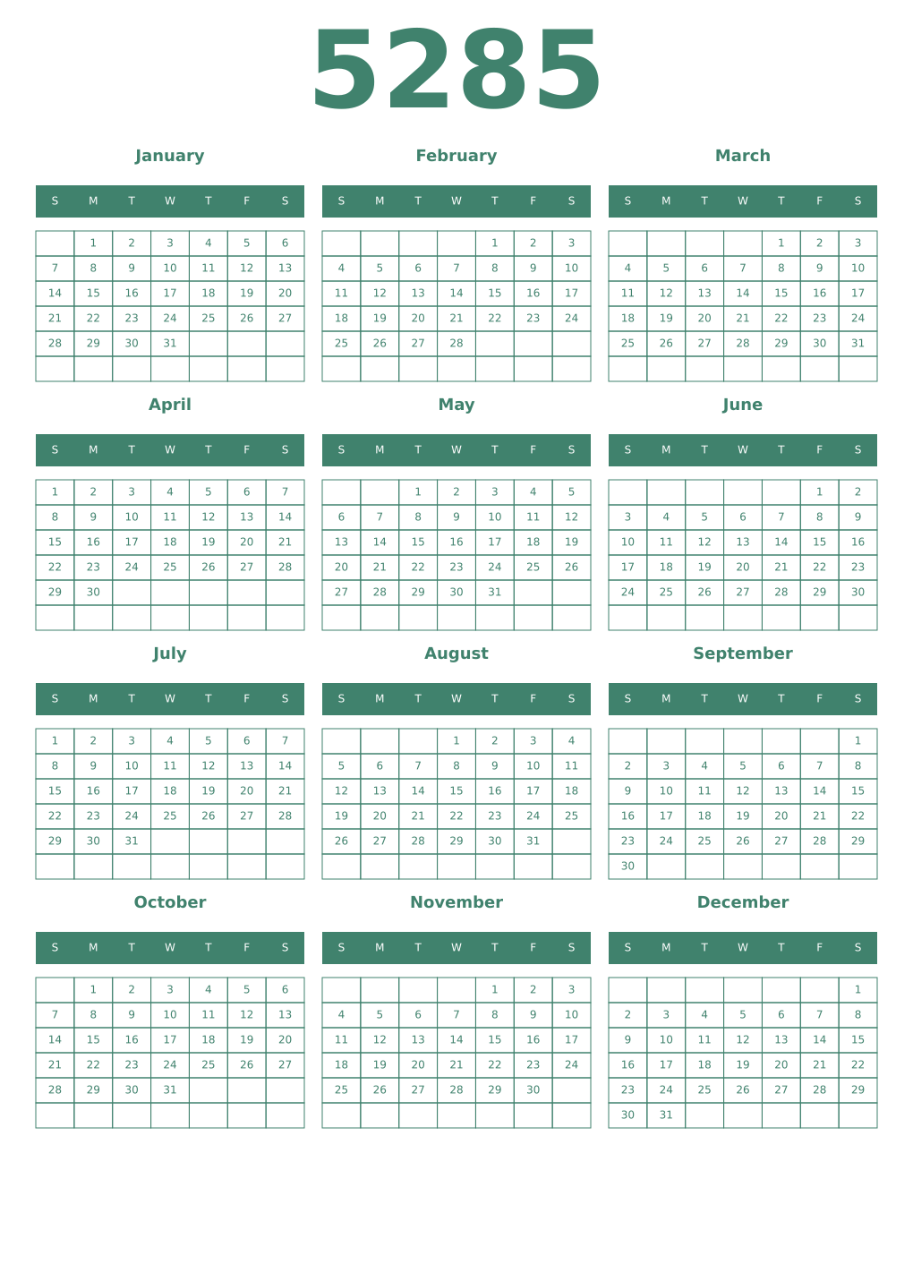 Printable 5285 Year Calendars viridian