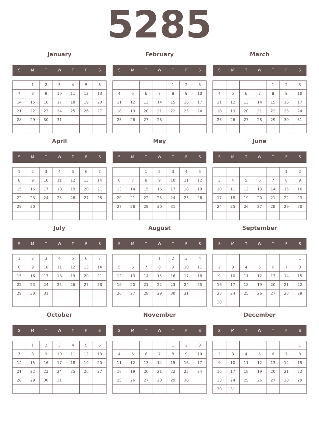 Printable 5285 Year Calendars wenge