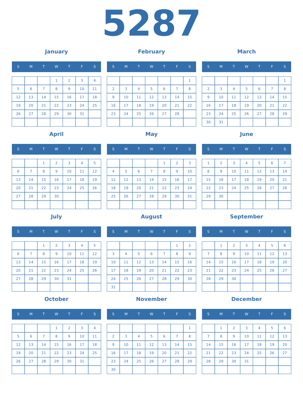 Printable 5287 Year Calendars blue