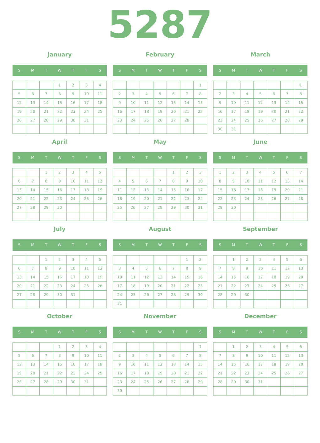 Printable 5287 Year Calendars celadon