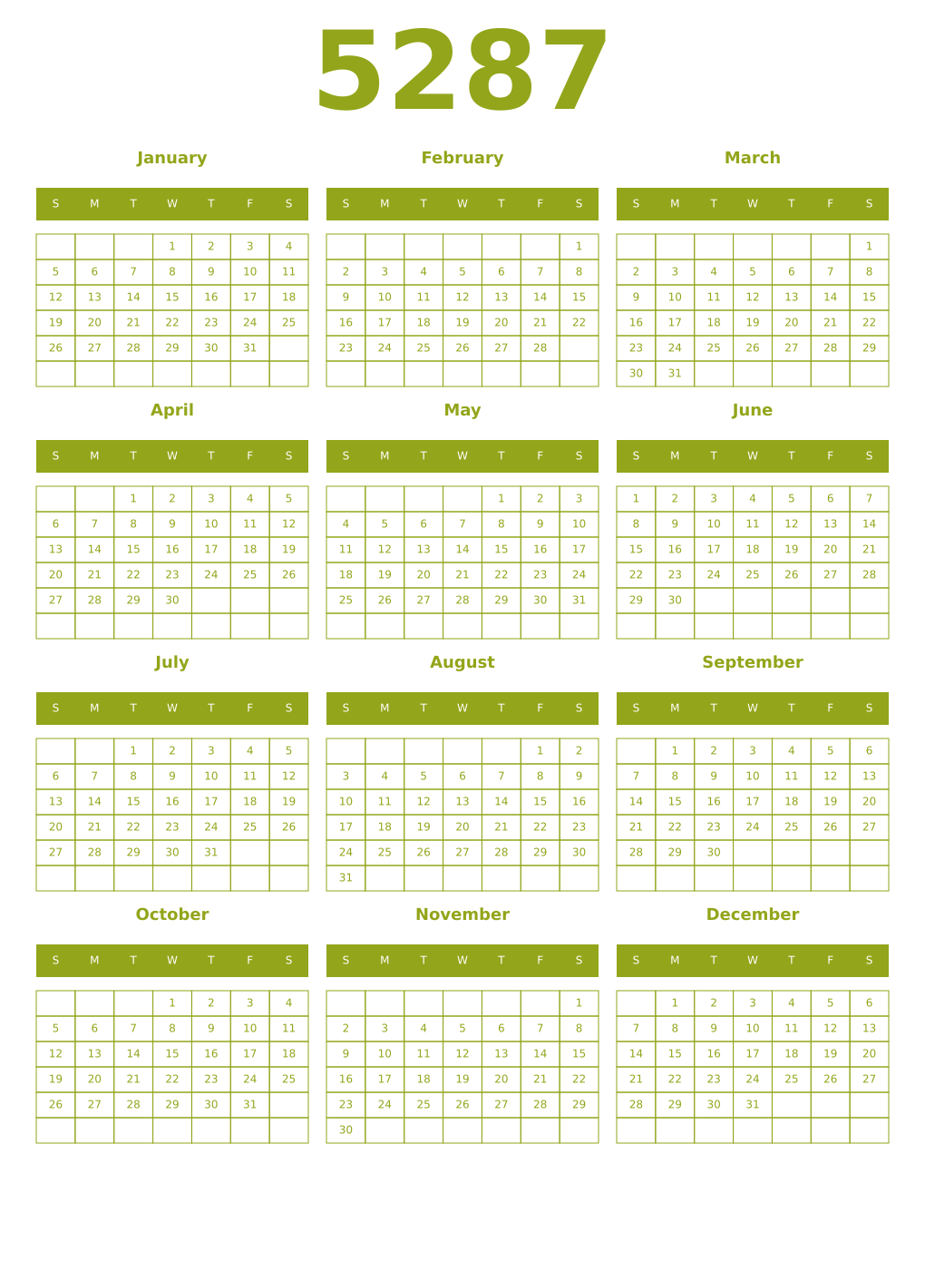 Printable 5287 Year Calendars chartreuse