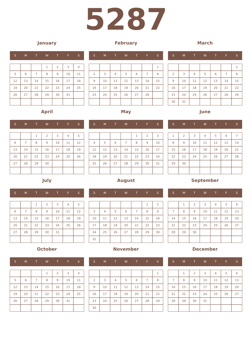 Printable 5287 Year Calendars coffe