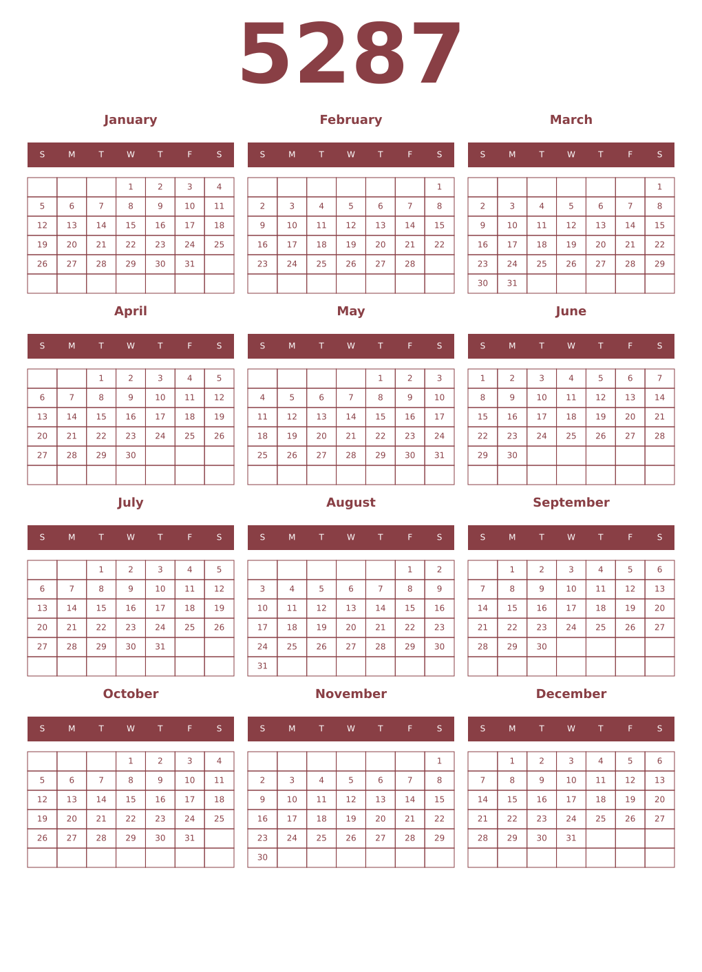 Printable 5287 Year Calendars cordovan