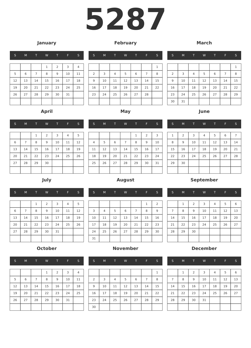 Printable 5287 Year Calendars dark