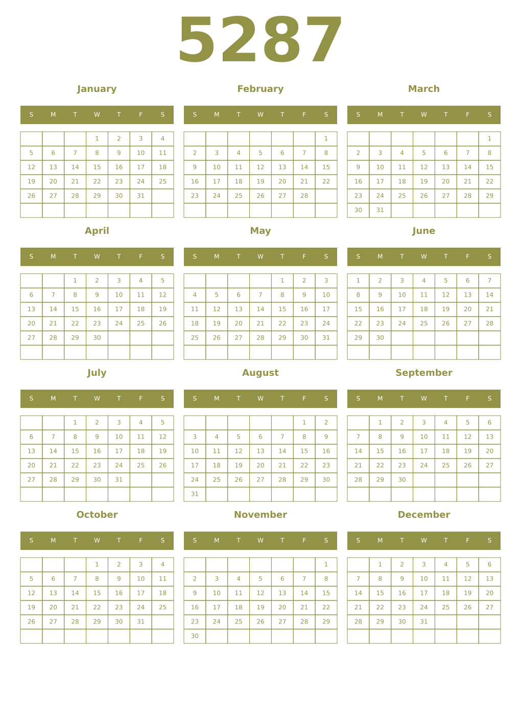 Printable 5287 Year Calendars eburnean