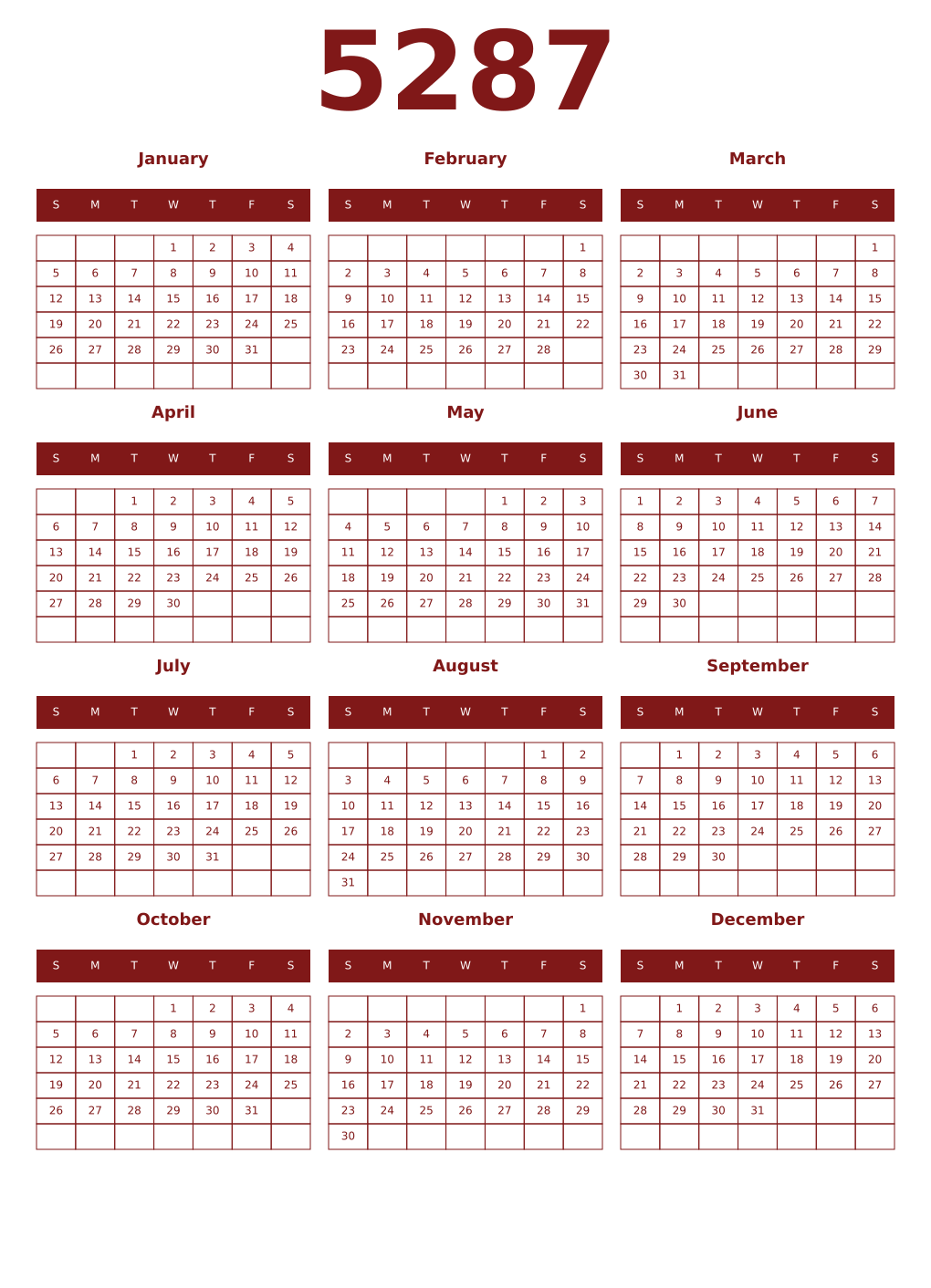Printable 5287 Year Calendars falu