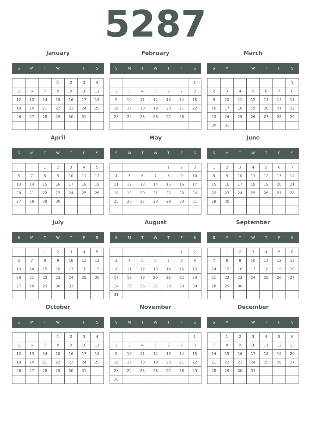 Printable 5287 Year Calendars feldgrau